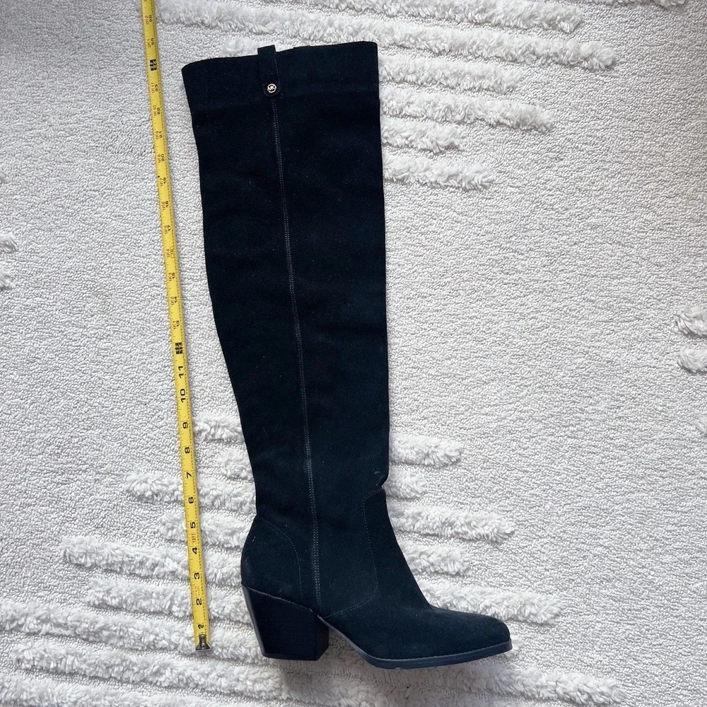 Michael Kors Harlow OTK Over The Knee Boots Black Suede Cuban Heel Side Zip US 8